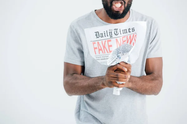 Cropped View Aggressive African American Man Holding Newspaper Fake News — Stock Photo, Image