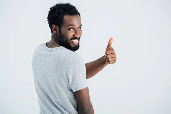 Happy African American Man Grey Shirt Showing Thumb Isolated Grey — Stock Photo, Image