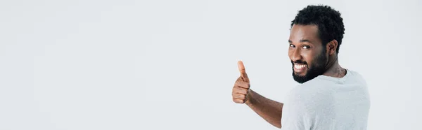 Cheerful African American Man Grey Shirt Showing Thumb Isolated Grey — Stock Photo, Image