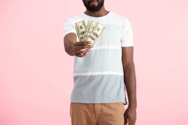pembe izole dolar banknotlar tutan genç Afrikalı-Amerikalı adam kırpılmış görünümü