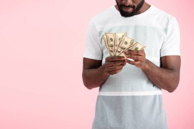 pembe izole dolar banknotlar tutan Afrikalı Amerikalı adam kırpılmış görünümü