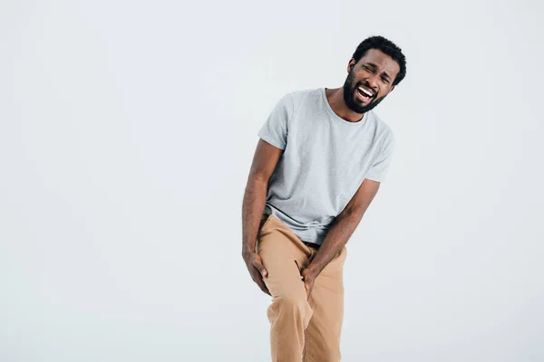 Beard African American Man Having Pain Leg Isolated Grey — Stock Photo, Image