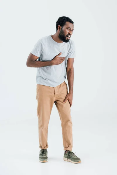 Young African American Man Having Heart Attack Isolated Grey — Stock Photo, Image