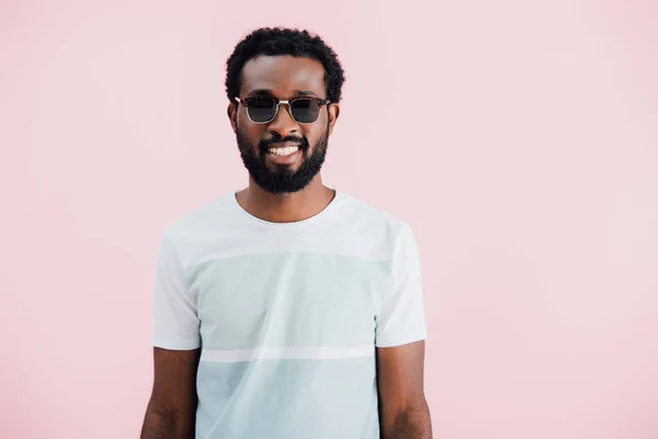 Happy African American Man Shirt Sunglasses Isolated Pink — Stock Photo, Image