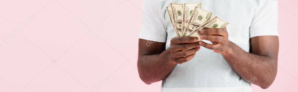cropped view of african american man holding dollars banknotes, isolated on pink