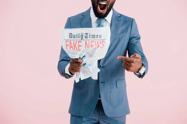 Cropped View Aggressive African American Businessman Holding Newspaper Fake News — Stock Photo, Image