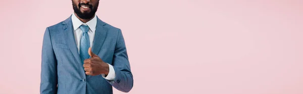 Cropped View African American Businessman Suit Showing Thumb Isolated Pink — Stock Photo, Image