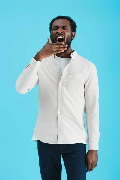 Tired African American Man Yawning Isolated Blue — Stock Photo, Image