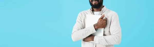 Beskuren Syn Afrikansk Amerikanen Besätta Hållande Laptop Isolerad Blå — Stockfoto