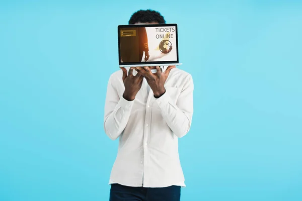 African American Man Showing Laptop Tickets Online Isolated Blue — Stock Photo, Image