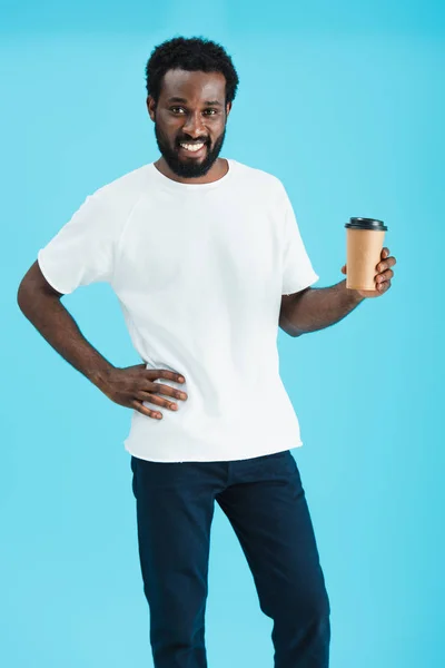 Happy African American Man Holding Coffee Isolated Blue — Stock Photo, Image