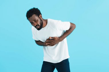 beard african american man in white t-shirt having heart attack, isolated on blue   clipart