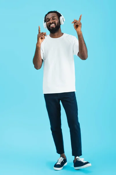 Happy African American Man Closed Eyes Dancing Listening Music Headphones — Stock Photo, Image