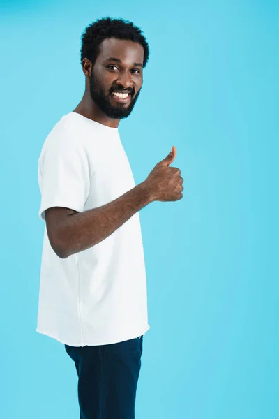 Smiling African American Man Showing Thumb Isolated Blue — Stock Photo, Image