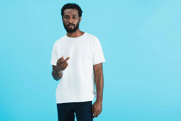 Serious African American Man White Shirt Showing Middle Finger Isolated — Stock Photo, Image