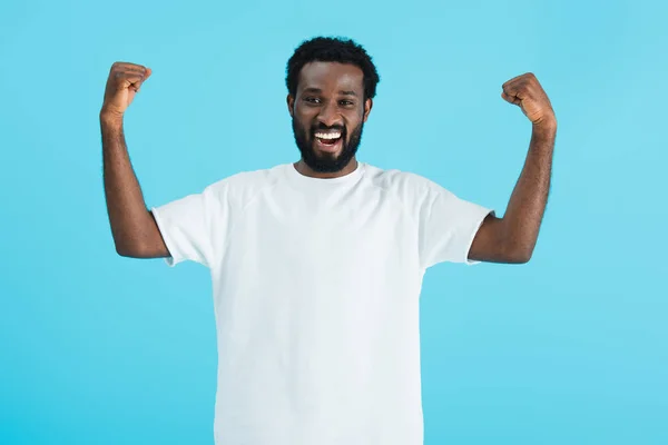 Bem Sucedido Bonito Afro Americano Homem Gesticulando Isolado Azul — Fotografia de Stock