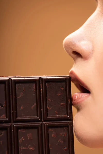 Partial View Beautiful Young Woman Holding Chocolate Bar Open Mouth — Stock Photo, Image