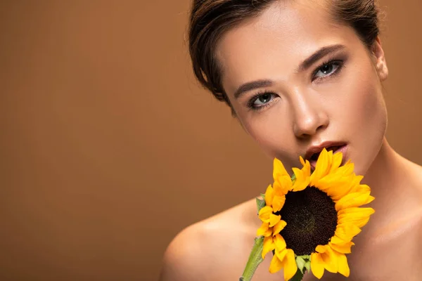 Kahverengi Izole Sarı Ayçiçeği Tutan Güzel Genç Çıplak Kadın — Stok fotoğraf