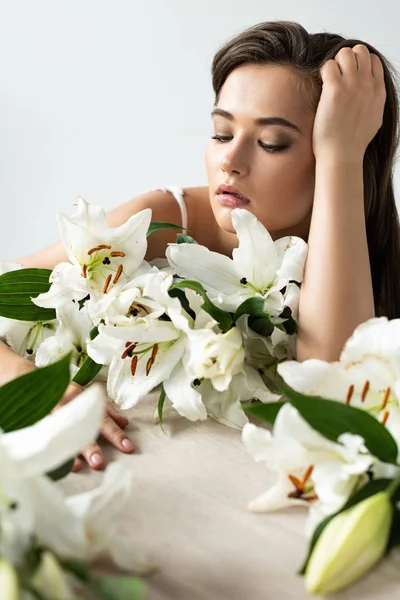 Tender Young Woman White Lilies Isolated White — Stock Photo, Image