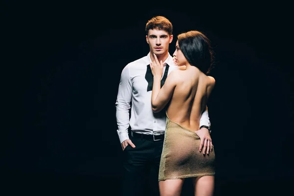 Homem Elegante Perto Mulher Sedutora Vestido Transparente Isolado Preto — Fotografia de Stock