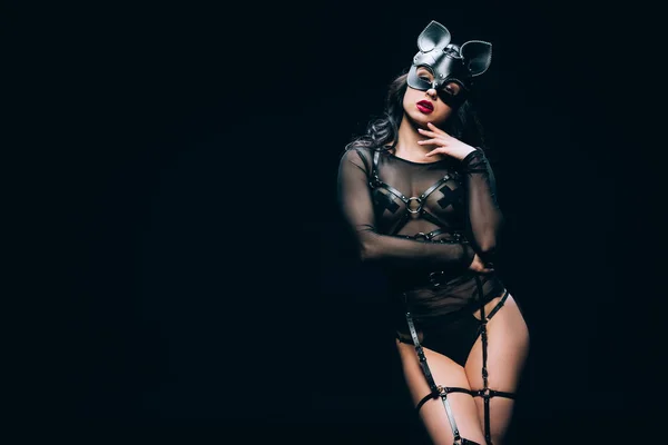Bdsm Kostüm Maske Siyah Izole Seksi Esmer Kadın — Stok fotoğraf