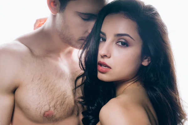 Mujer Joven Desnuda Con Los Ojos Cerrados Tocando Novio Aislado — Foto de Stock