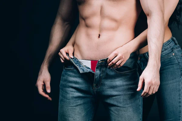 Vue Recadrée Femme Déshabiller Homme Jeans Avec Torse Musculaire Isolé — Photo