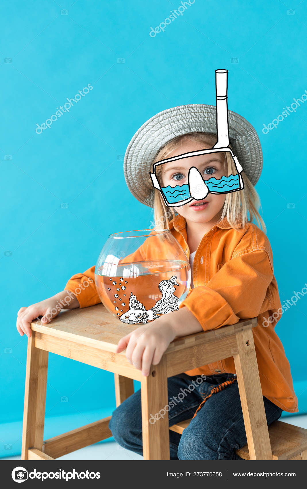 Kid Silver Hat Orange Shirt Snorkel Sitting Stairs Fairy