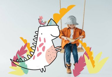cute kid in jeans and orange shirt sitting on swing and reading book on grey background with fantasy bird and dinosaur illustration clipart