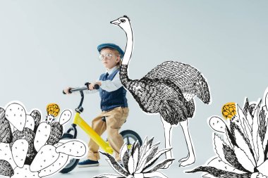 kaktüs illüstrasyon arasında peri devekuşu ile gri arka plan üzerinde retro yelek ve kap sürme bisiklet düşünceli çocuk