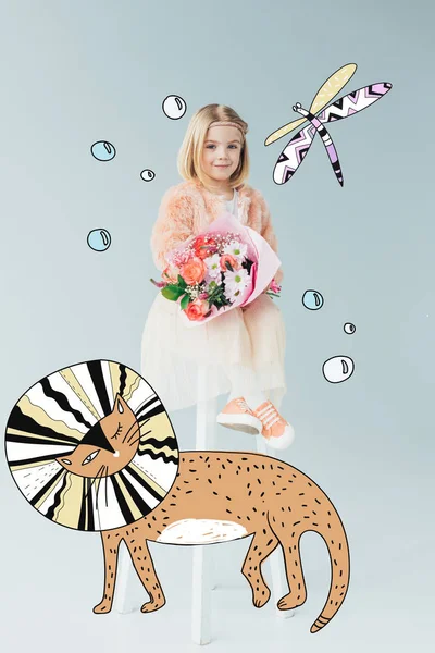 Kid Faux Fur Coat Skirt Sitting Highchair Holding Bouquet Grey — Stock Photo, Image