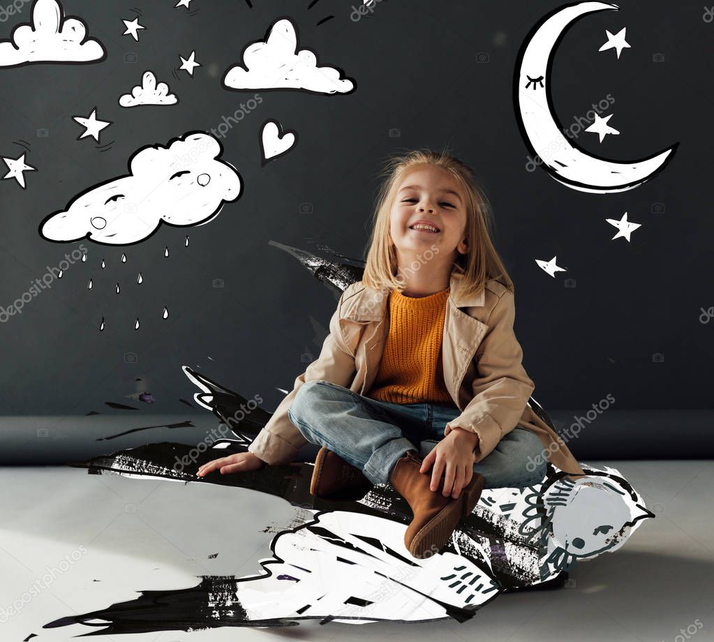 smiling and cute child sitting with crossed legs flying on fantasy bird on black background with magic moon, stars and rainy cloud illustration