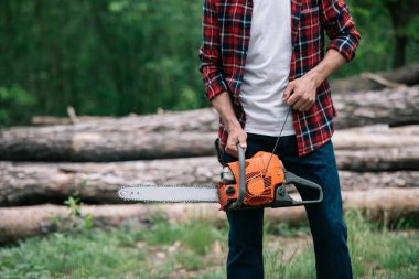 partial view of lumberjack in checkered shirt holding chainsaw in forest clipart