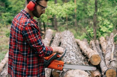 concentrated lumberer in earmuffs and protective glasses cutting wood with chainsaw in forest clipart