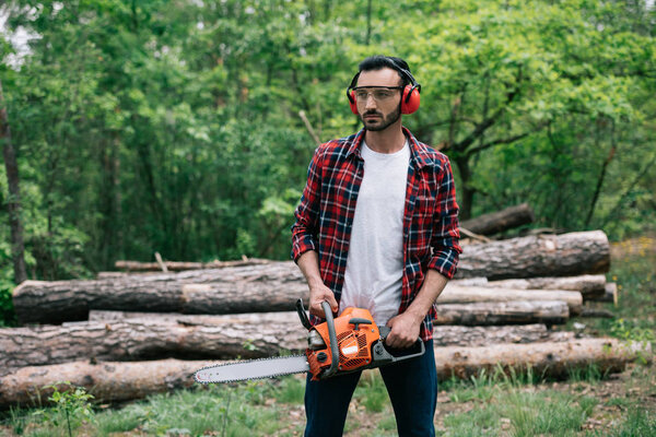 handsome bearded lumberer in protective glasses and noise-canceling headphones holding chainsaw in forest