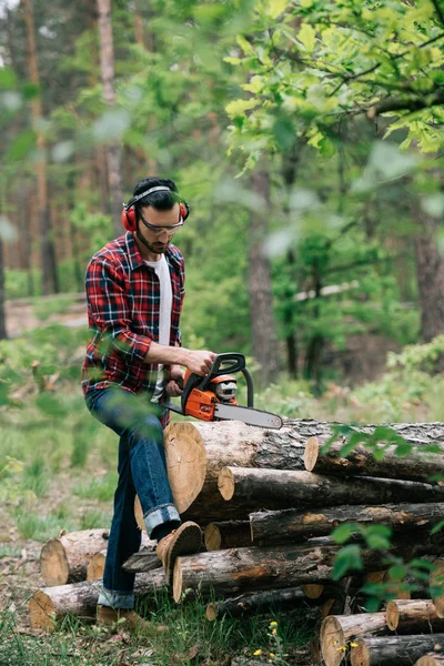 lumberman in earmuffs and protective glasses cutting trunks with chainsaw in forest
