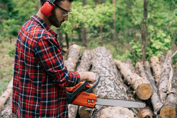 concentrated lumberer in earmuffs and protective glasses cutting wood with chainsaw in forest