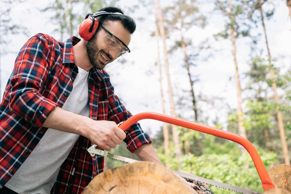 smiling lumberer in earmuffs and protective glasses cutting log with handsaw in forest