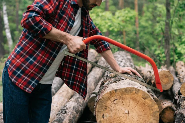 森林の手のこぎりと木材切断ログの部分的なビュー — ストック写真