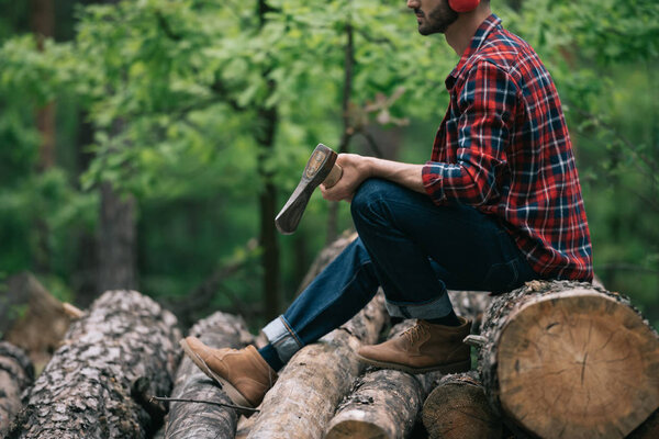 cropped view of lumberjack holding ax while sitting on tree trunks in forest