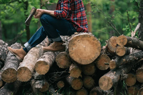 Részleges Kilátás Lumberman Gazdaság Fejsze Ülve Fatörzsek Erdőben — Stock Fotó