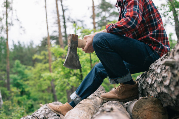 cropped view of lumberer holding ax while sitting on tree trunks in forest