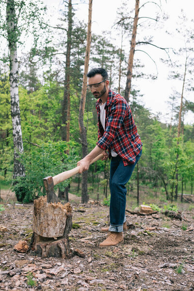 handsome lumberjack in plaid shirt and denim jeans cutting wood with ax in forest