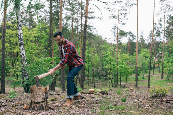 bearded lumberman in plaid shirt and denim jeans cutting wood with ax in forest