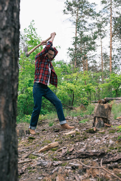 selective focus of lumberjack in plaid shirt and denim jeans cutting wood with ax in forest