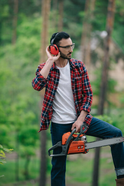 serious lumberjack in plaid shirt standing with chainsaw in forest and touching hearing protectors