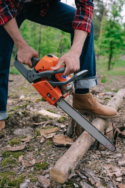 cropped view of lumberjack cutting tree trunk with chainsaw in forest