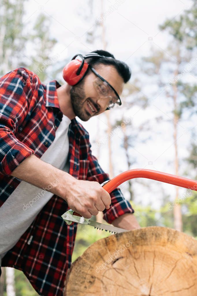 cheerful lumberman in protective glasses and earmuffs cutting tree trunk with handsaw in forest