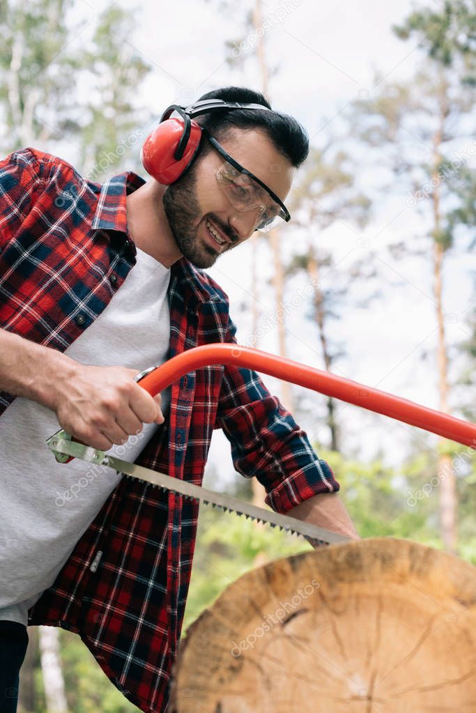 smiling lumberjack in earmuffs cutting tree trunk with bowsaw in forest