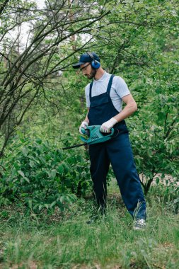 gardener in overalls and noise-canceling headphones pruning bushes with electric trimmer clipart